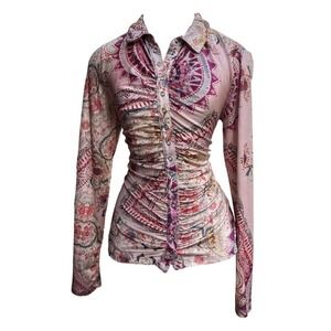 Y2K Boho Guess Pink Paisley Long Sleeve Ruched Top sz L